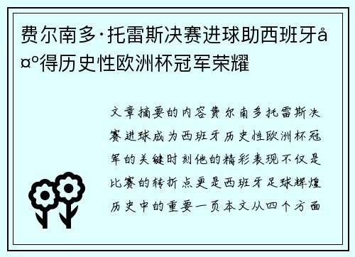 费尔南多·托雷斯决赛进球助西班牙夺得历史性欧洲杯冠军荣耀