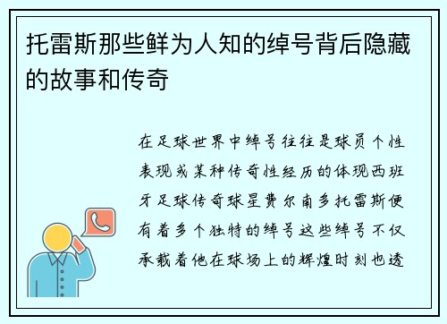 托雷斯那些鲜为人知的绰号背后隐藏的故事和传奇